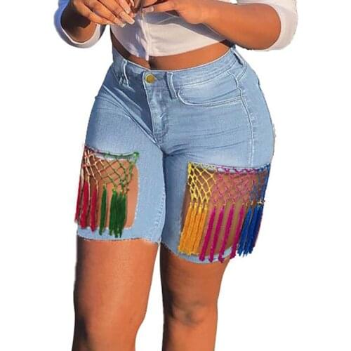 Summer Women Colorful Tassel Denim Shorts Streetwear Straight Casual Solid Short Jeans Denim Shorts Plus Size Fringe Jeans Pants