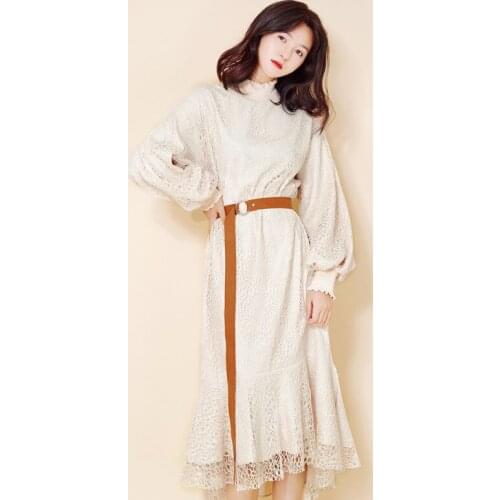 New 2019 Autumn Women Fashion Lace Dress Long Robe Vintage Femme Long Lantern Sleeve WomenS Asymmetric Dresses Vestido DD1821