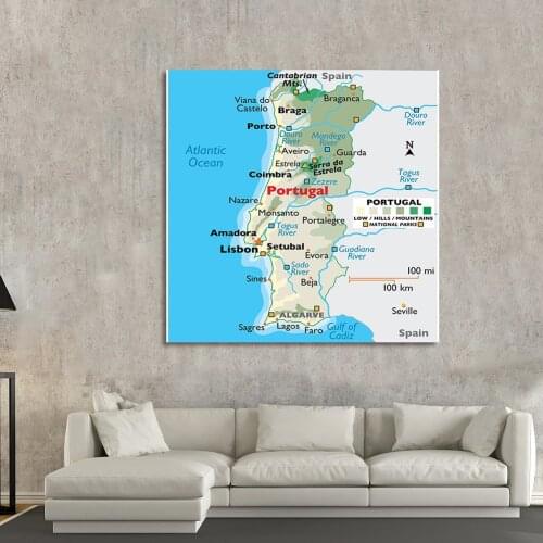 150*150cm The Portugal Orographic Map In English Non-woven Canvas Painting Wall Poster Classroom Home Decoration School Supplies