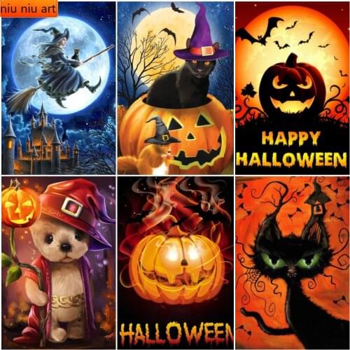 Full Square Drill Diamond Painting Halloween Cartoon Embroidery Cross Stitch Kits Pumpkin Rhinestone Picture Home Decor