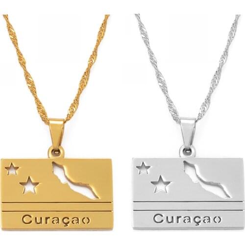 Anniyo Rectangle Curacao Map and Flag Pendant Necklaces for Women Girls Gold Color Jewellery Maps Gift #109721