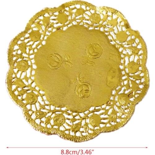 4X7B 50Pcs/Set 3.5 Inch Hollow Floral Embossed Round Lace Paper Doilies Wedding Party DIY Tableware Metallic Gold Placemat