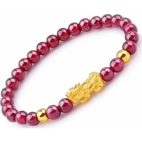 Pure 24k Yellow Gold Weave Bracelet 5mmW Garnet Beads & 0.5g Pixiu & 0.1gx2 Gold Bead Link Chain 6.3inch
