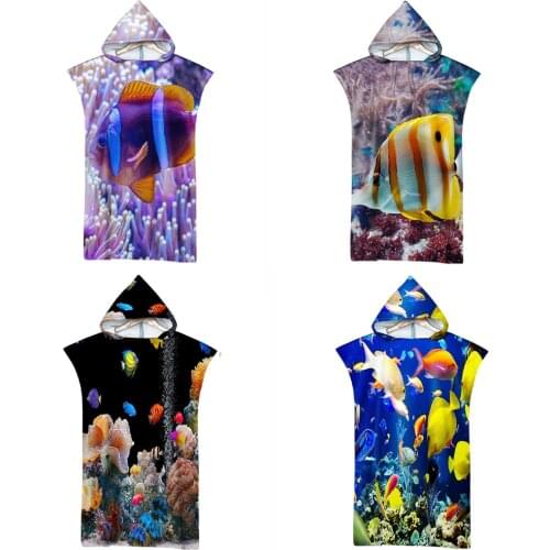 Undersea Pattern Microfiber Quick Dry Beach Towel Parent-Child Hooded Cloak Surfing/Diving/Swimming Changing Poncho Bathrobe