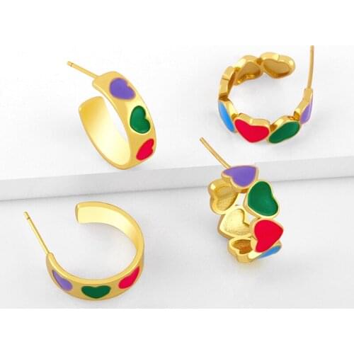 EYIKA Bohemian Multicolor Enamel Heart Small Hoop Earrings for Women Gold Plated C Shape Pendientes Aro Charm Party Jewelry Gift