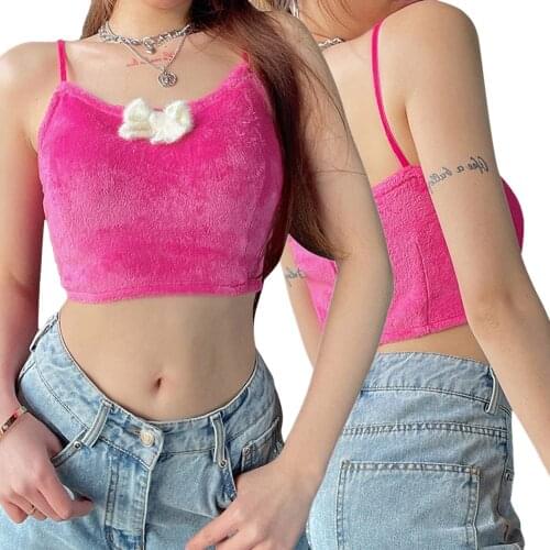 Summer Women Solid Color Sling Fluffy Crop Tanks Tops Sexy U Neck Sleeveless Spaghetti Straps Vest with Bow