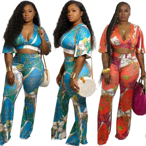 Fashion women set v neck 2 pieces chain print vintage women set summer tops and high waist pants suit SYM-8347