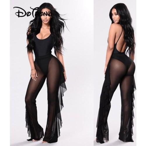 2019 New Women Wide Leg High Waist Loose Perspective Pants Sexy Solid See Through Elastic Mesh Trousers Black White
