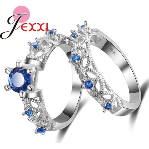 925 Sterling Silver Wedding Engagement Ring Shiny Cubic Zirconia Wedding Jewelry Blue CZ Crystal Rings Set Women Elegant