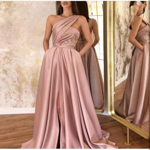 Sexy Pink Evening Dress Satin One Shoulder Floor Length With Pocket Pleat Court Train Women Formal Party Gown Sleeveless Elegant