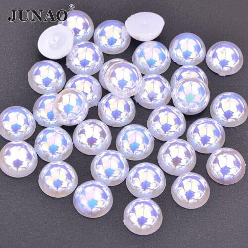 JUNAO 6 8 10 12mm White AB Half Round Pearl Beads Pearl Rhinestone Applique Loose Decorative Beads For Clothes Jewelry Crafts