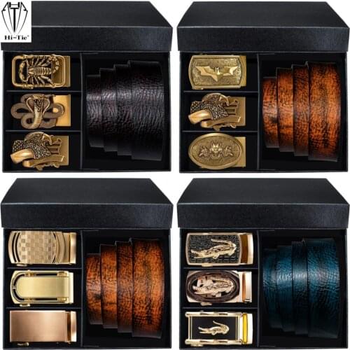 Luxury Boxed Mens Belts Set Dark Orange Brown Blue Leather Waist Belt for Men Gold Tiger Wolf Bat Eagle Spider Automatic Buckle