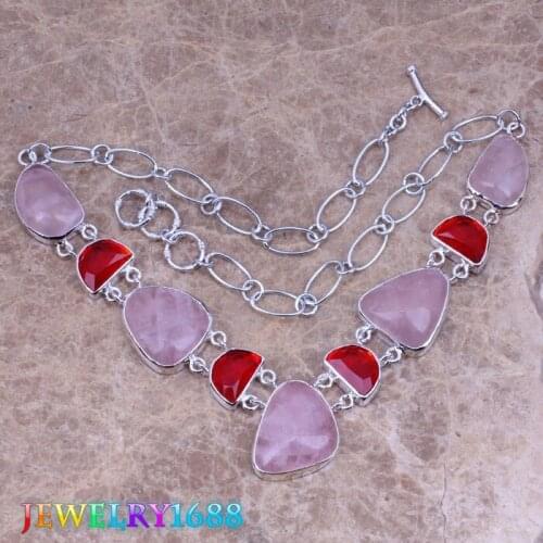 Majestic Pink Natural Stone Red Garnet Silver Plated Grade Necklace L698