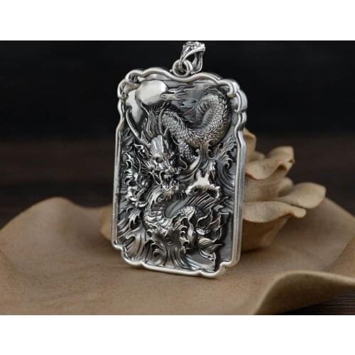 Vintage 990 Sterling Silver colour Chinese Dragon Pendant for Men women Boys Dragon embossed pattern pendant Christmas present