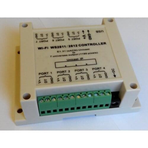WiFi DC5V-24V WS2811/ WS2812 Controller, Wireless Unicast E1.31 (sACN) to 7 ports output up to 1190 pixels, Easy WiFi setting