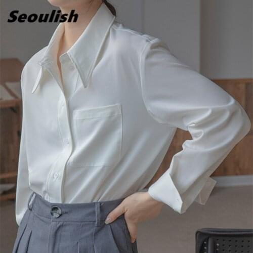 Seoulish Elegant One Pockets White Women Blouse 2021 Long Sleeve Single Breasted Turn-down Collar Shirts Female Spring Autumn
