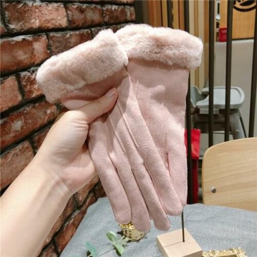 Women Korean touch screen gloves five finger velvet thick double layer female students warm autumn and winter female gloves