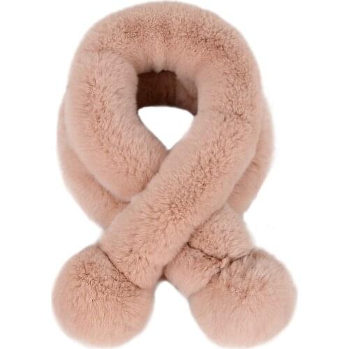 Rabbit Fur Scarf For Women Winter Brand Luxury Knitted Female Real Fur Scarf Rex Collar Warm Neck Color two Pompoms