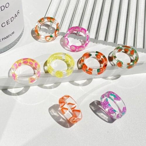 2021 Korean Fashion Fresh Fruits Transparent Resin Acrylic Ring For Women Girls New Design Strawberry Lemon Finger Jewelry Gifts