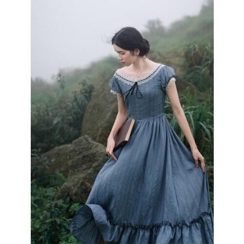 Blue Gentle Vintage Dress Women Summer 2021 Lace Round Neck Elegant Temperament Ladies Retro Jacquard Princess Vestido de mujer