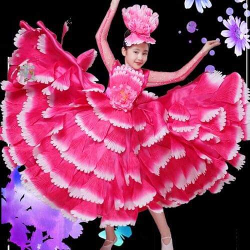 2020 Gypsy Girls Spanish Bullfight Flamenco Skirt Belly Dance Dresses For Kids Peony Petal Children Chorus Stage Dress DL5723