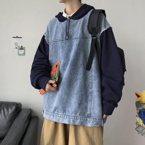 2020 Mens Two Pieces Clothes Pullovers Male Denim Hooded Hoodies Casual Loose 3-color Sweatshirts Fashion Coats Size M-3XL