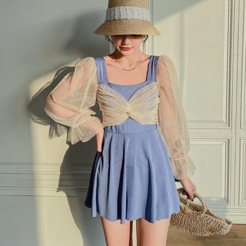 2021 Summer Swimsuit Monokini Women One-piece Plus Size Lace Bathing Suit Swimwear Skirt 5XL Long Sleeve Korea Ladies Swimdress