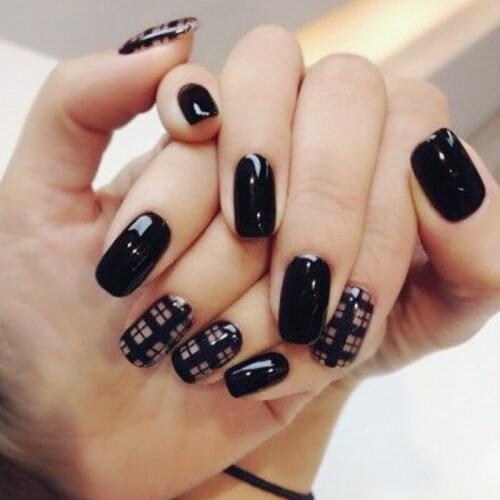 24pcs/set Transparent black lattice Acrylic False Nails Super Novel Grid 3D Fake Bride Nails French Full Nail Tips Salon Design