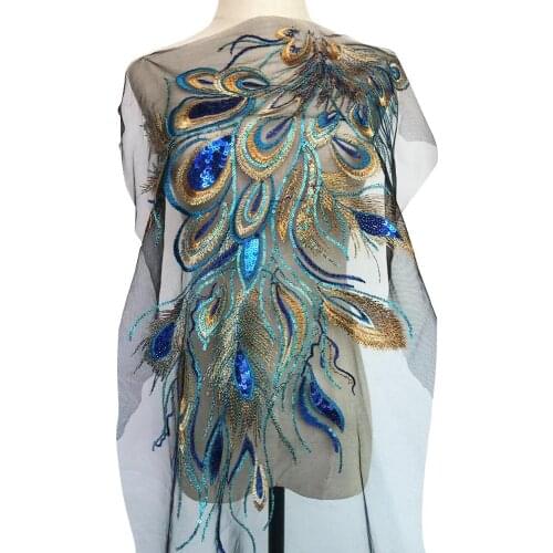 Large Blue Sequins Phoenix Peacock Feather Embroidered Mesh Appliques For Wedding Sew On Lace Trims Patches For Dress DIY