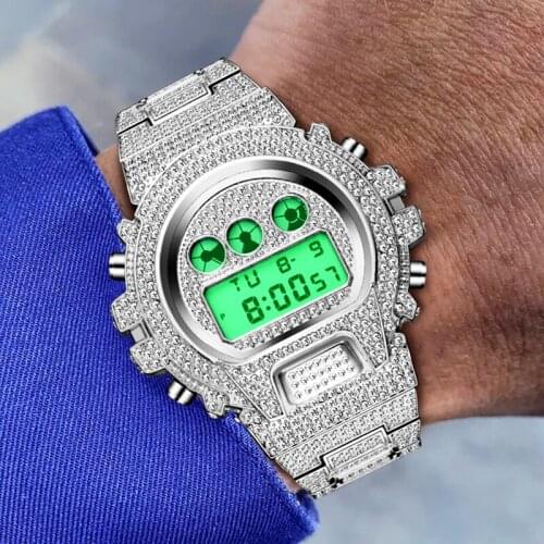 Luxury Platinum Watch Men Full Diamonds Mens Quartz Watches LED Digital Male Clock Hip Hop Steel Band Classic Male Wristwatches