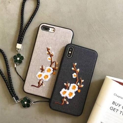 European luxury square embroidery 3D rose phone Case For iPhone 11 Pro 8 7 Plus X XR XS MAX fashion soft lanyard silicone cover6
