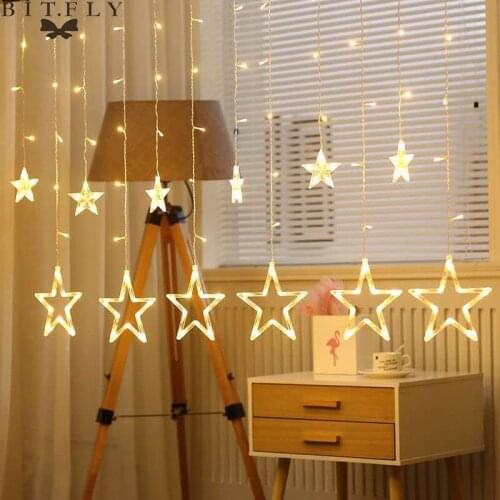 2.5M Stars Curtain String Light Fairy Garland LED Hanging Decorations for Home Ornament New Year Wedding Birthday Party Decor