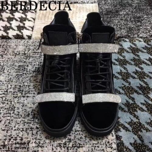 Shiny Crystal Flock Leather Spring Flats Male Shoes Leisure Style Classic Lace-Up Zip Zapatos De Hombre Sneakers For Men