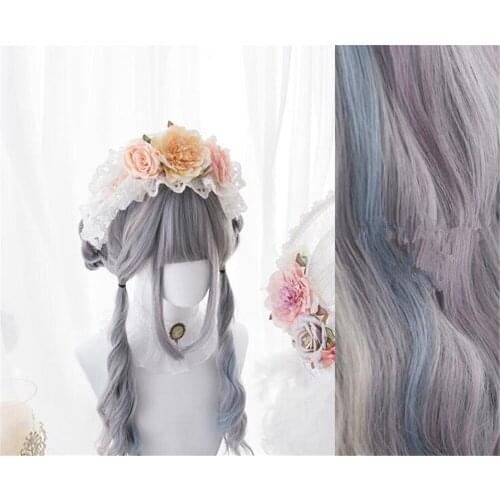 Lolita Girl 70CMMixed Grey Blue Ombre Long Wavy Bangs Hair Halloween Cute Party Cosplay Wig D139