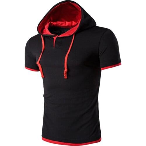 Mens Summer Workout Hooded T-shirts Casual Short-sleeved T-shirt Top Gym Lace-up Bodybuilding Muscle Hoodie Casual Tops