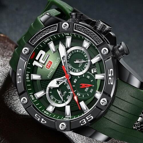 MINI FOCUS Mens Chronograph Watches Luxury Army Sport Wristwatch Man Green Silicone Strap Quartz Watch Relogios Masculino 0349
