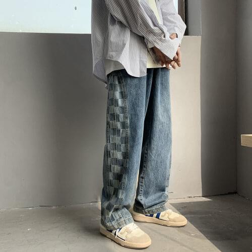 2021 Mens Plaid Printing Straight Washed Jeans Loose Wide-leg Pants Tide Fashion Casual Pants Denim Hiphop Streetwear Trousers