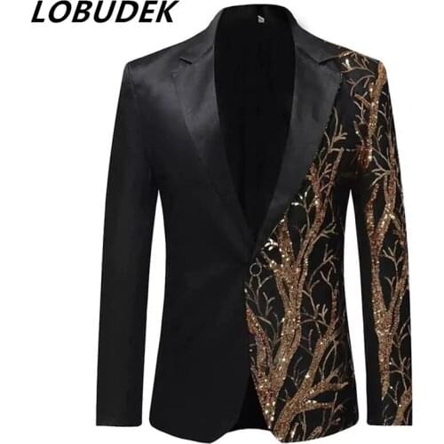 Mens Single Side Sequins Suit Jacket Stage Wear Tide Male Concert Nightclub Bar Performance Coat Slim Fit Costume Plus Size