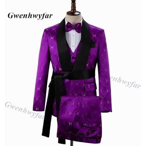 Gwenhwyfar Fashion Belt Design Men Suits 2021 Spring New Black Lapel Purple Jacquard African Style Slim Fit Groom Costume Homme