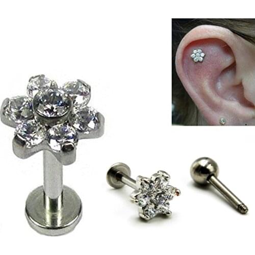 Surgical Steel Prong Set Flower CZ Gem Ear Tragus Cartilage Helix Earring Labret Lip Stud Ring Piercing Earring Body Jewelry 16g