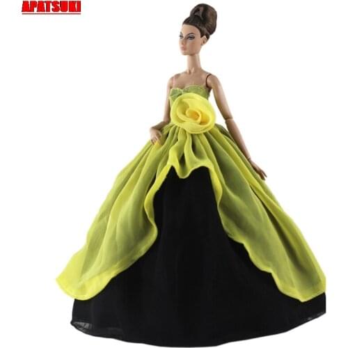 Yellow Black Doll Dresses for Barbie Doll Dress for 1/6 BJD Doll Off Shoulder Wedding Outfits Dress for 1:6 Doll Accessories Kid