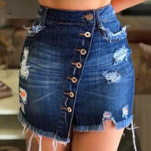 Casual Irregular High Waist Denim Skirt Light Wash Women Ripped Mini Skirt Female 2021 Summer