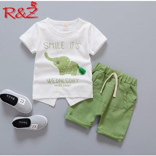 R&Z Childrens Set 2019 Summer New Boys Cotton Set Letter Cartoon Elephant Short Sleeve Shorts Casual Two-piece Set