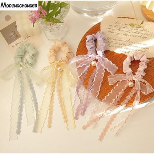 1PC Sweet Bow Hair Ribbon Scrunchie for Women Girls Long lace Floral Elastic Hair Tie Headwear Female Headwear Hair Accessories
