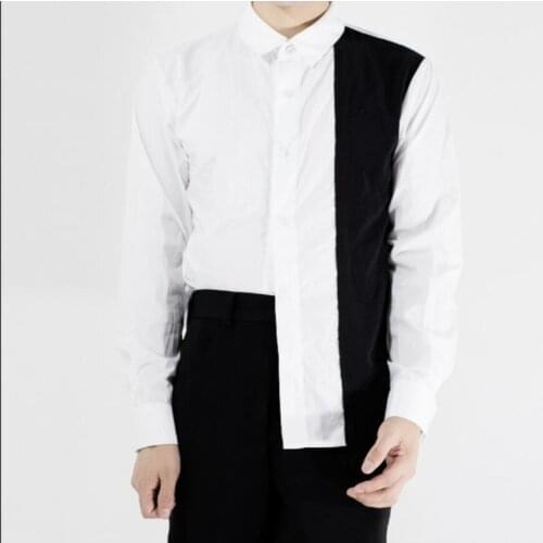 S-6xl Original New Tide Men Personality Long Sleeve Shirt Hair Stylist Irregular Black And White Splice Shirts Singer Costumes
