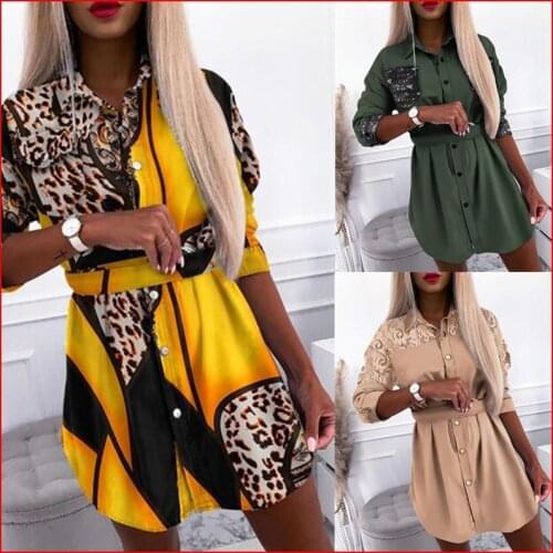 Sexy Women Leopard Printed Sequined Dress Lace Patchwork Long-sleeved Lapel Collar Robe Belt Shirt Dresses Button Vestidos Femme