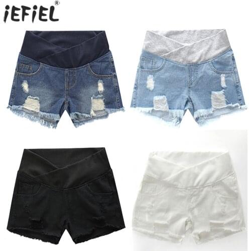 Pregnant Women Shorts Summer Wear Maternity Low-Waisted Denim Ripped Shorts Support Belt Loose Short Pants for Pregnancy Clothes