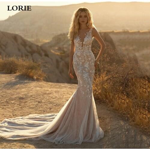 LORIE Champagne Mermaid Wedding Dresses Boho V-Neck Appliques Lace Wedding Gowns Elegant Elastic Bridal Dress 2021