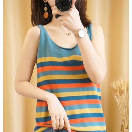 SZDYQH Summer 100% Cotton Tank Top Base Wild Short Paragraph Loose Striped Vest Female Outerwear Womens Knit Pullover Tank Top