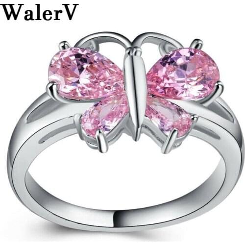 WalerV New for Women Girls Rings Beautiful Butterfly Shape Four Crystal Color Color Ring Jewelry Wedding Finger Gift